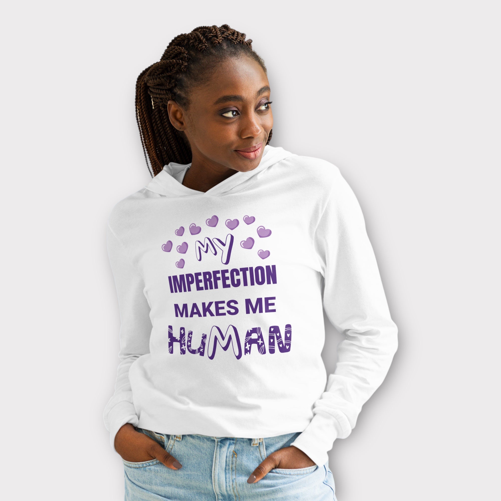 IMPERFECT HUMAN: PURPLE HEARTS HOODED LS PULLOVER